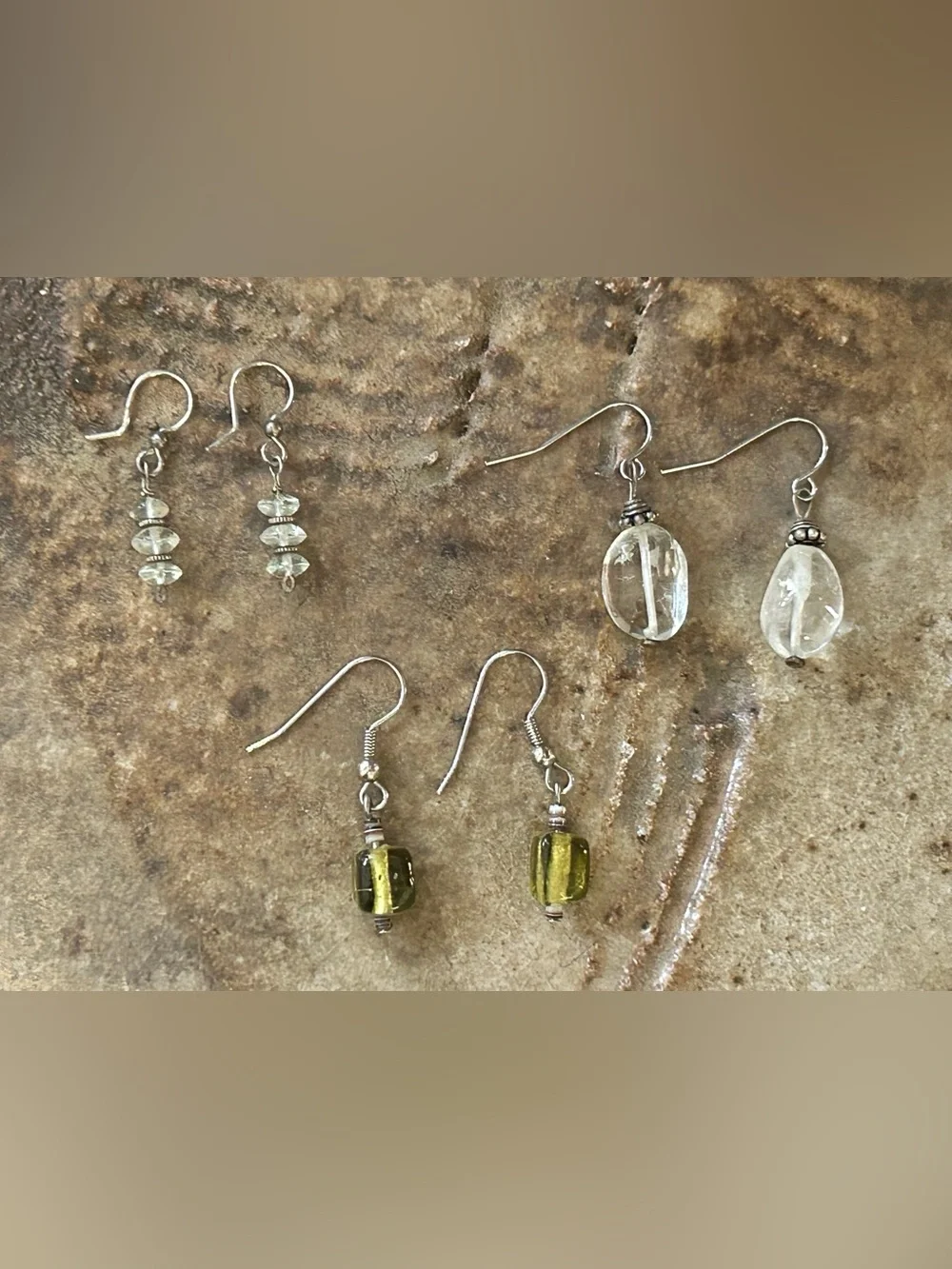 Clear and Olive Glass Drop Earrings - Set of Three